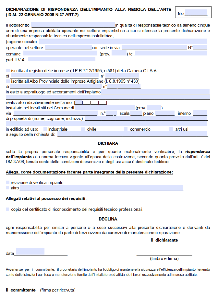 Modulo Dichiarazione Di Rispondenza Impianto Word E Pdf