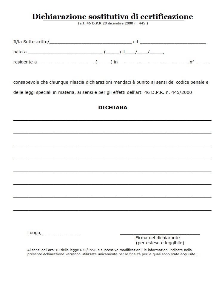 Autocertificazione Generica