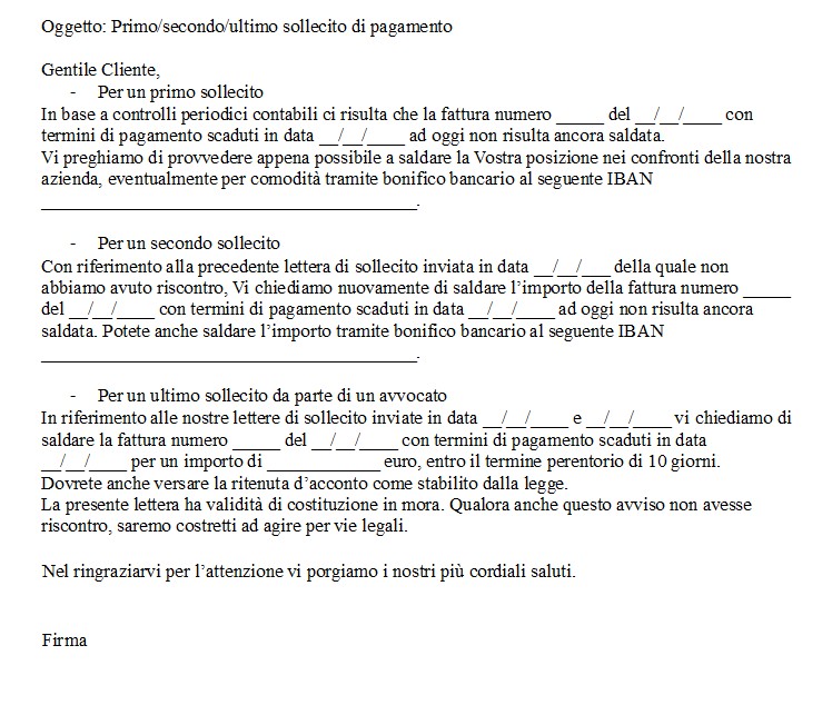 Fac Simile Lettera di Sollecito di Pagamento