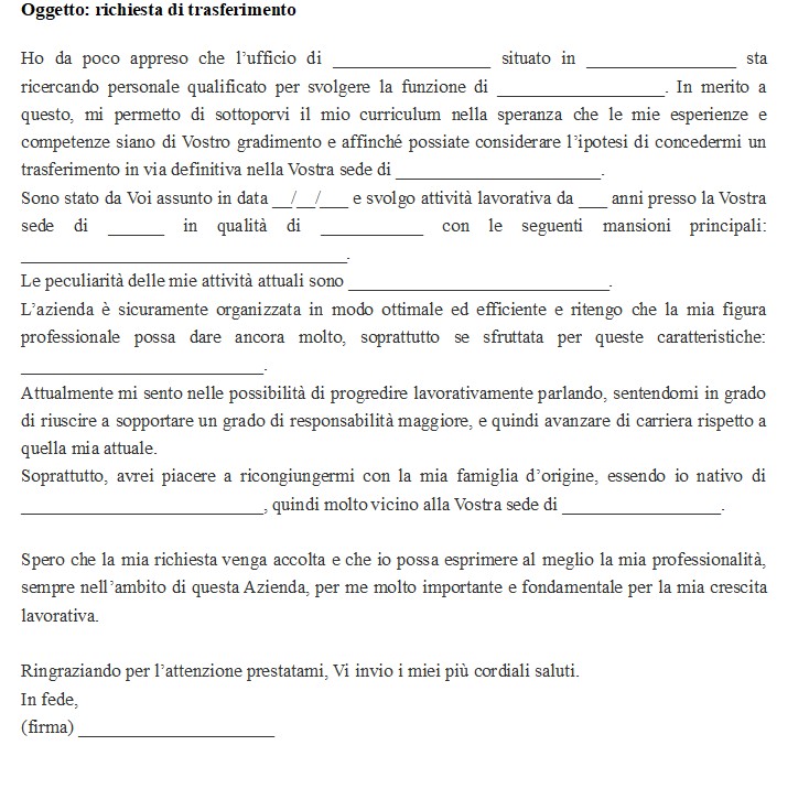 Lettera di Richiesta di Trasferimento