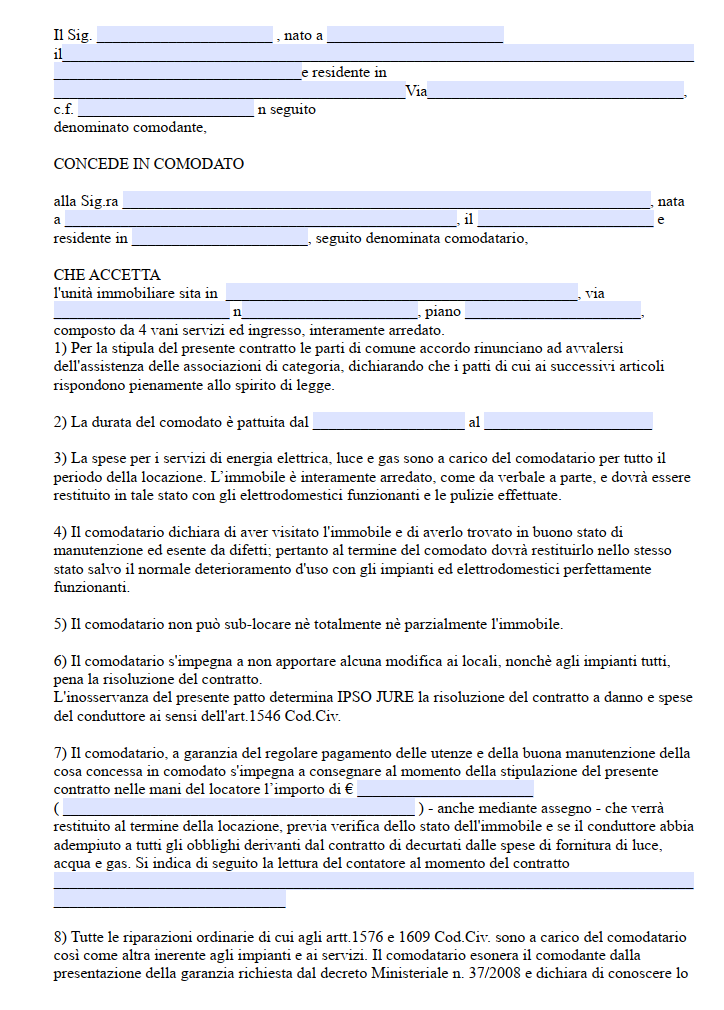 Fac Simile Contratto di Comodato