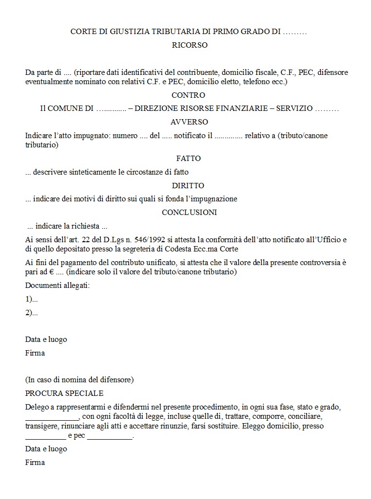 Fac Simile Ricorso Tributario