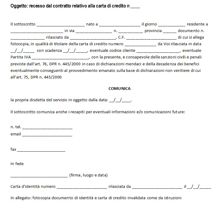 MODELLO DISDETTA CARTA DI CREDITO