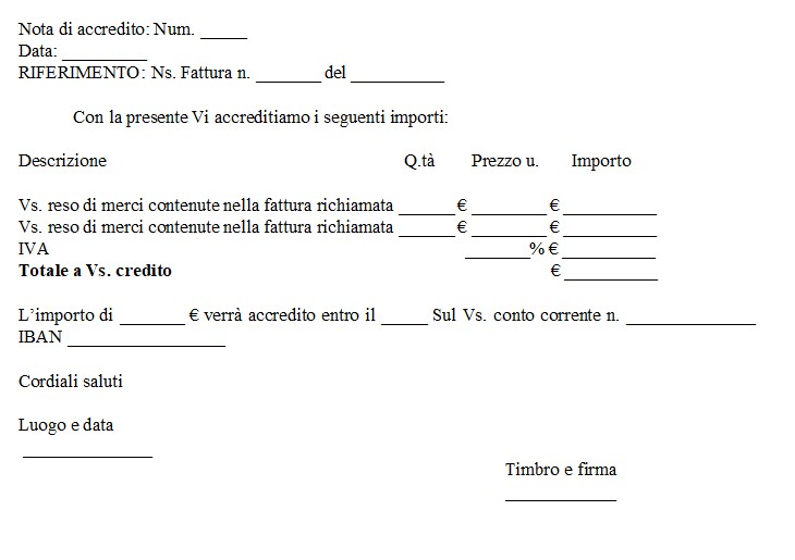 Fac Simile Nota di Credito