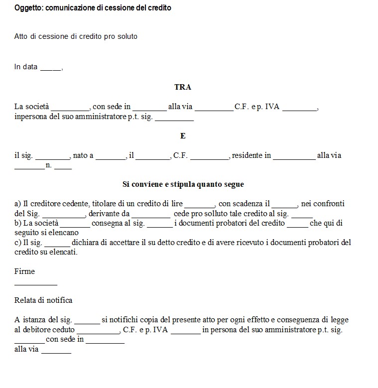 Fac Simile Cessione del Credito