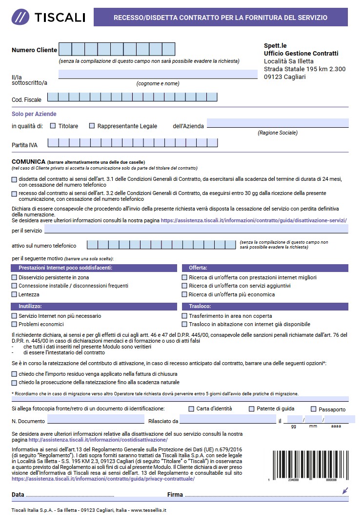 Modulo Disdetta Contratto Tiscali