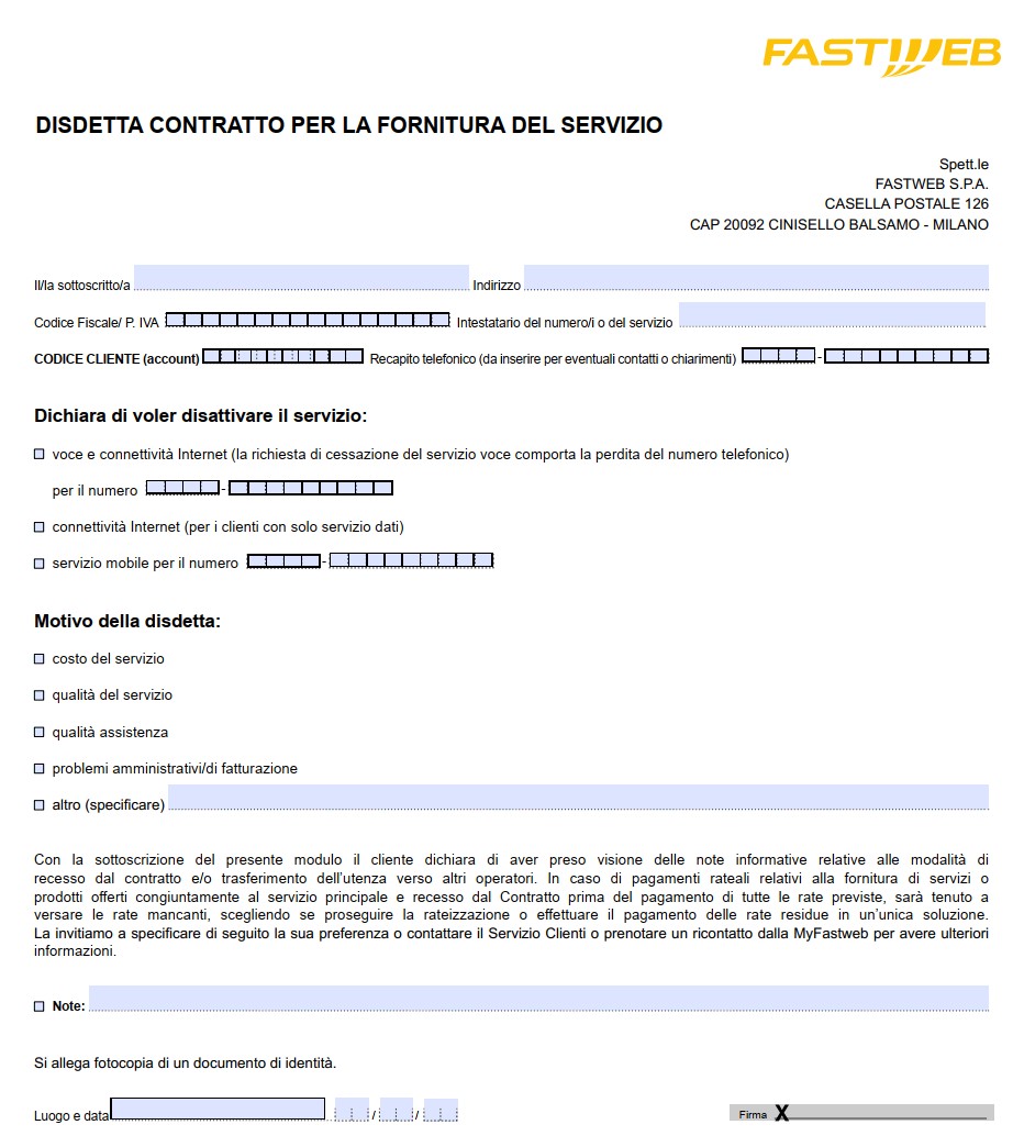 Disdetta Fastweb