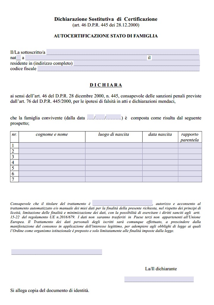 Autocertificazione Stato di Famiglia