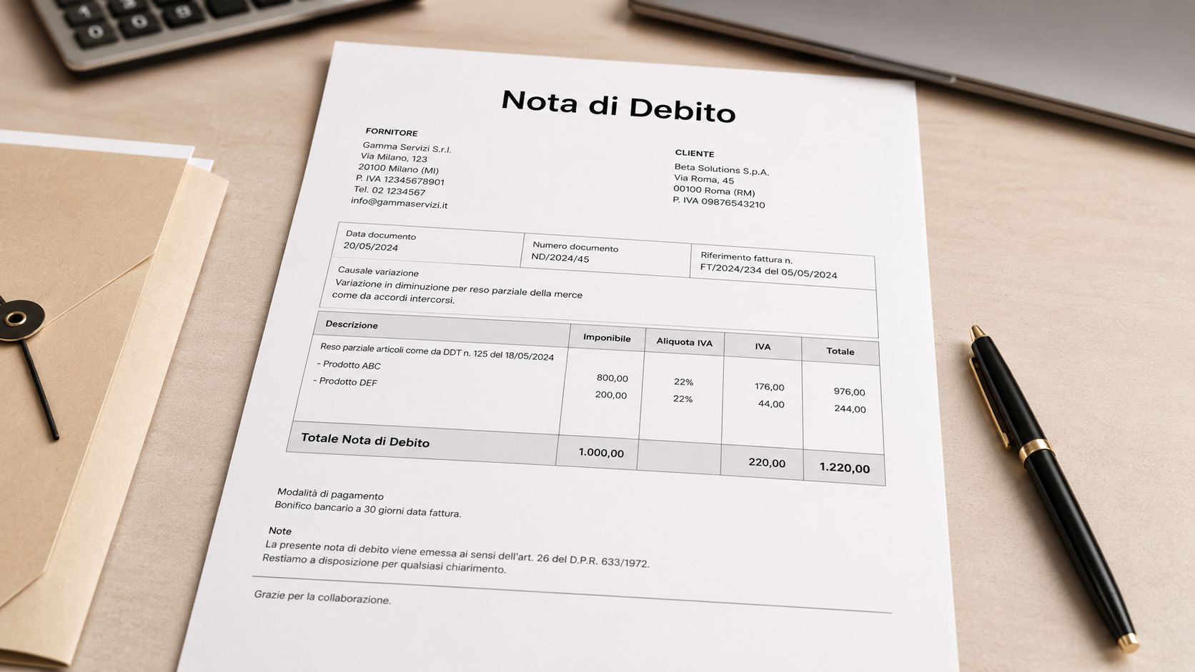 Fac Simile Nota di Debito