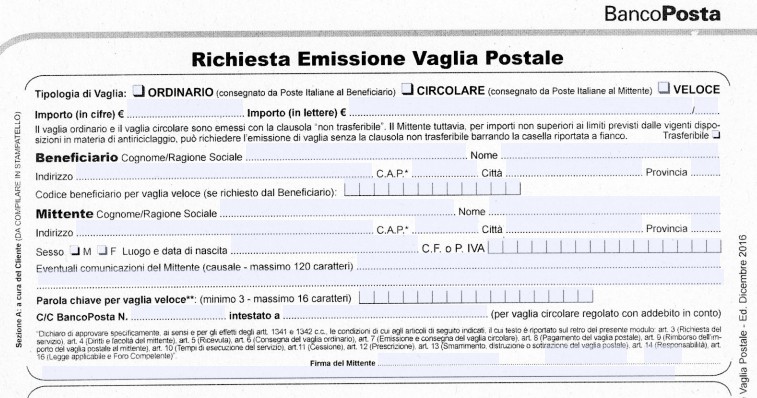 Modulo Vaglia Postale Ordinario