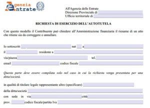 FAC SIMILE ISTANZA AUTOTUTELA AGENZIA DELLE ENTRATE WORD E PDF