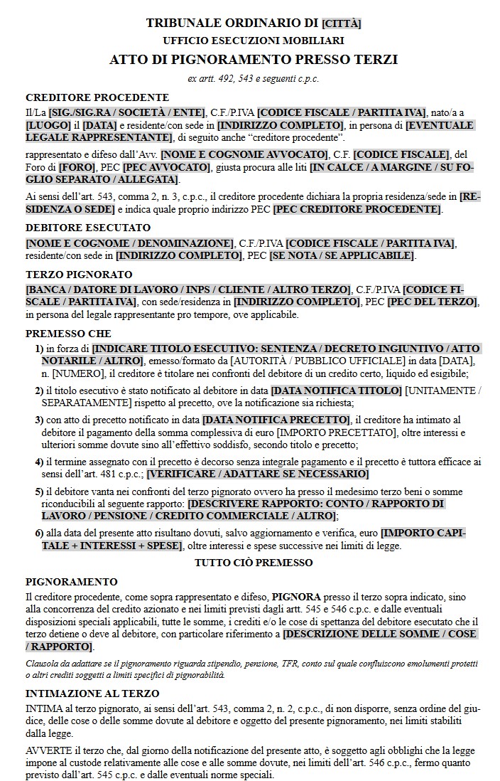 Fac Simile Atto di Pignoramento Presso Terzi Word e PDF