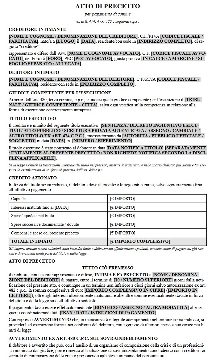 Fac Simile Atto di Precetto