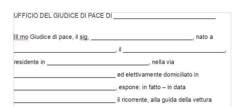 FAC SIMILE RICORSO IN OPPOSIZIONE A SANZIONE AMMINISTRATIVA