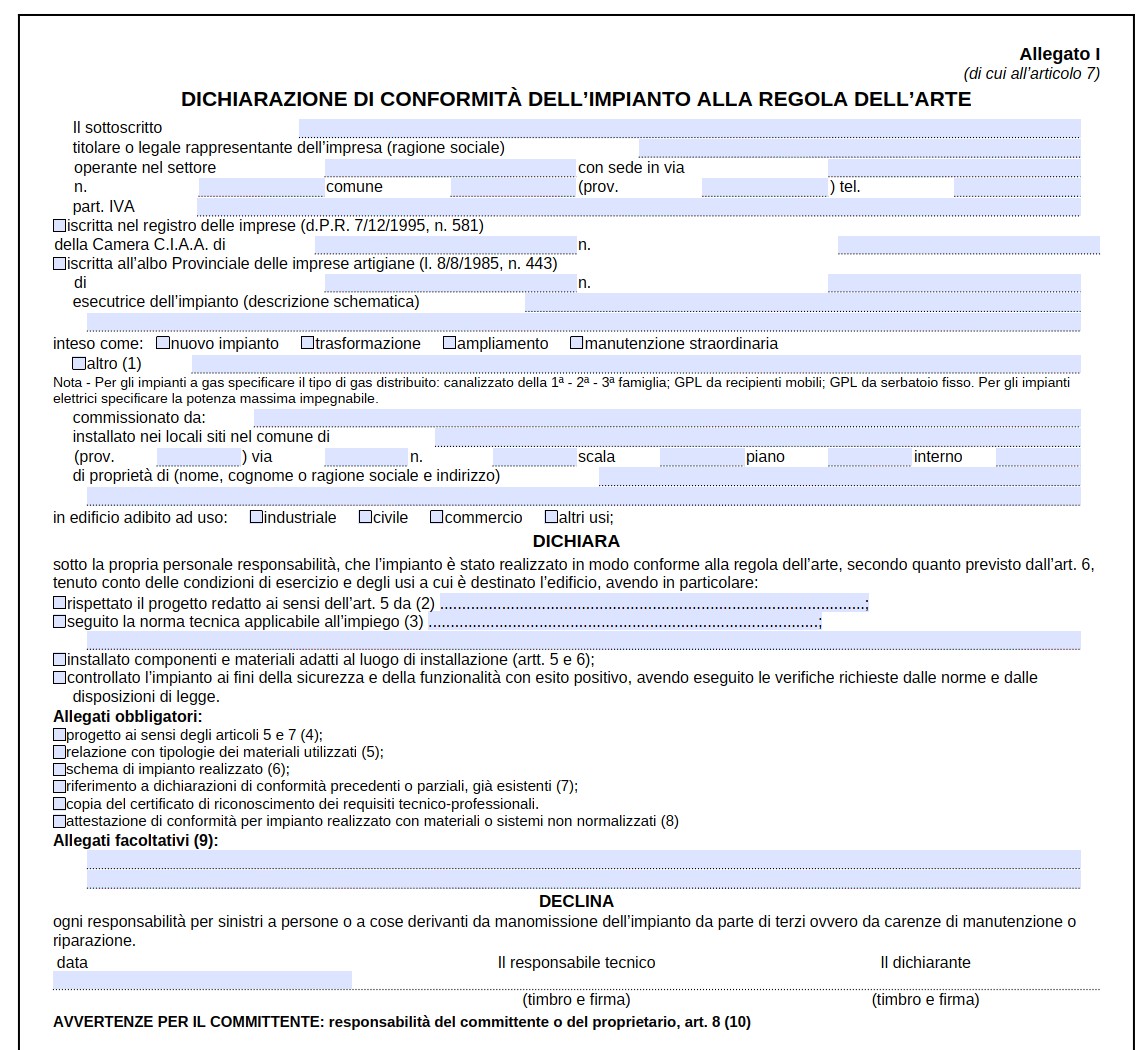 Modello Dichiarazione Conformità Impianto Termico