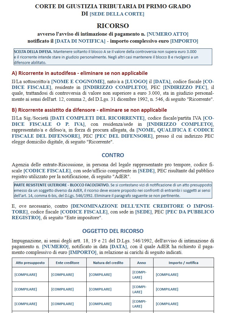Fac Simile Ricorso Avverso Intimazione di Pagamento Agenzia delle Entrate