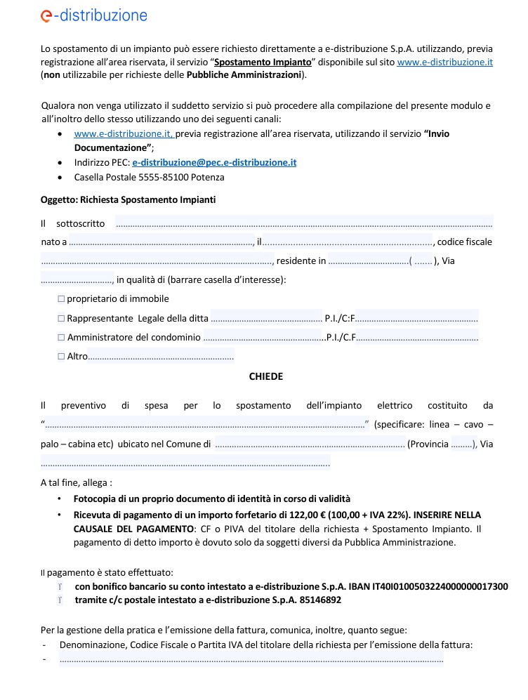 Fac Simile Richiesta Spostamento dei Cavi Enel Word e PDF