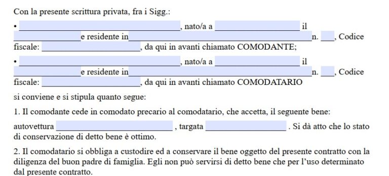 Fac Simile Comodato d'Uso Gratuito di Auto Word e PDF