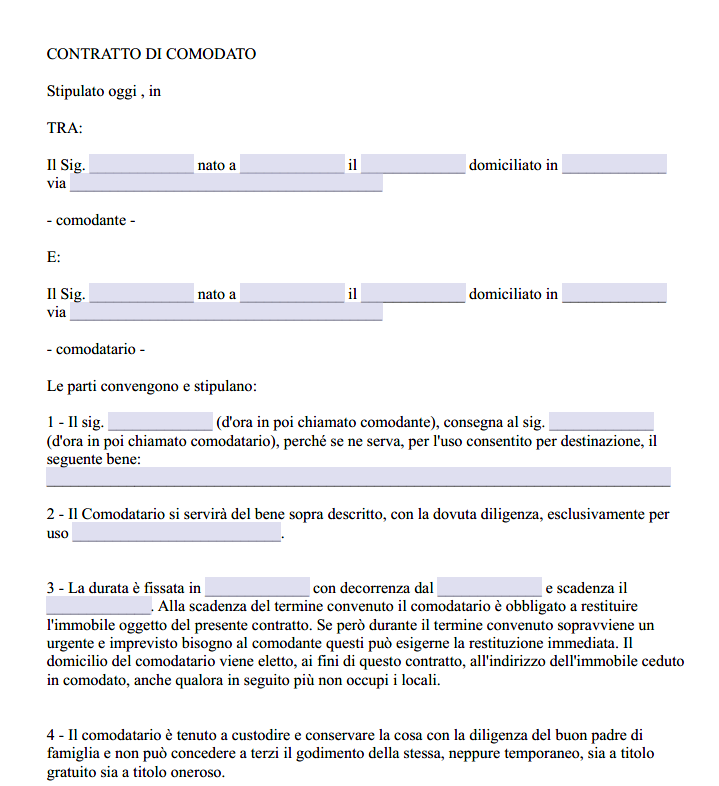 Contratto di comodato gratuito di una stanza