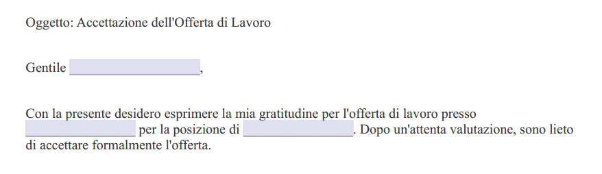 Lettera Accettazione Offerta di Lavoro