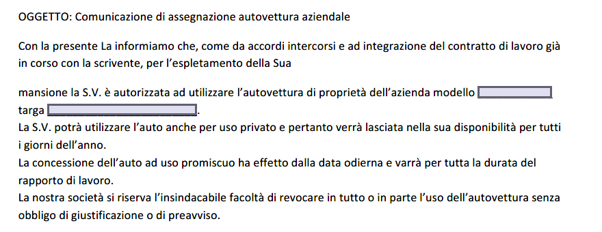 Lettera di assegnazione auto aziendale