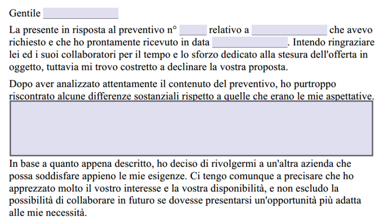 Fac Simile Lettera Di Rifiuto Formale Preventivo Word E PDF