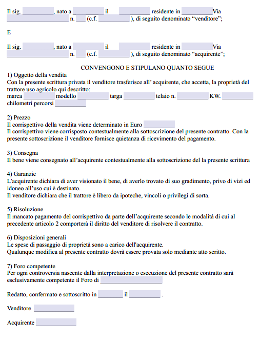 Modulo Vendita Trattore tra Privati