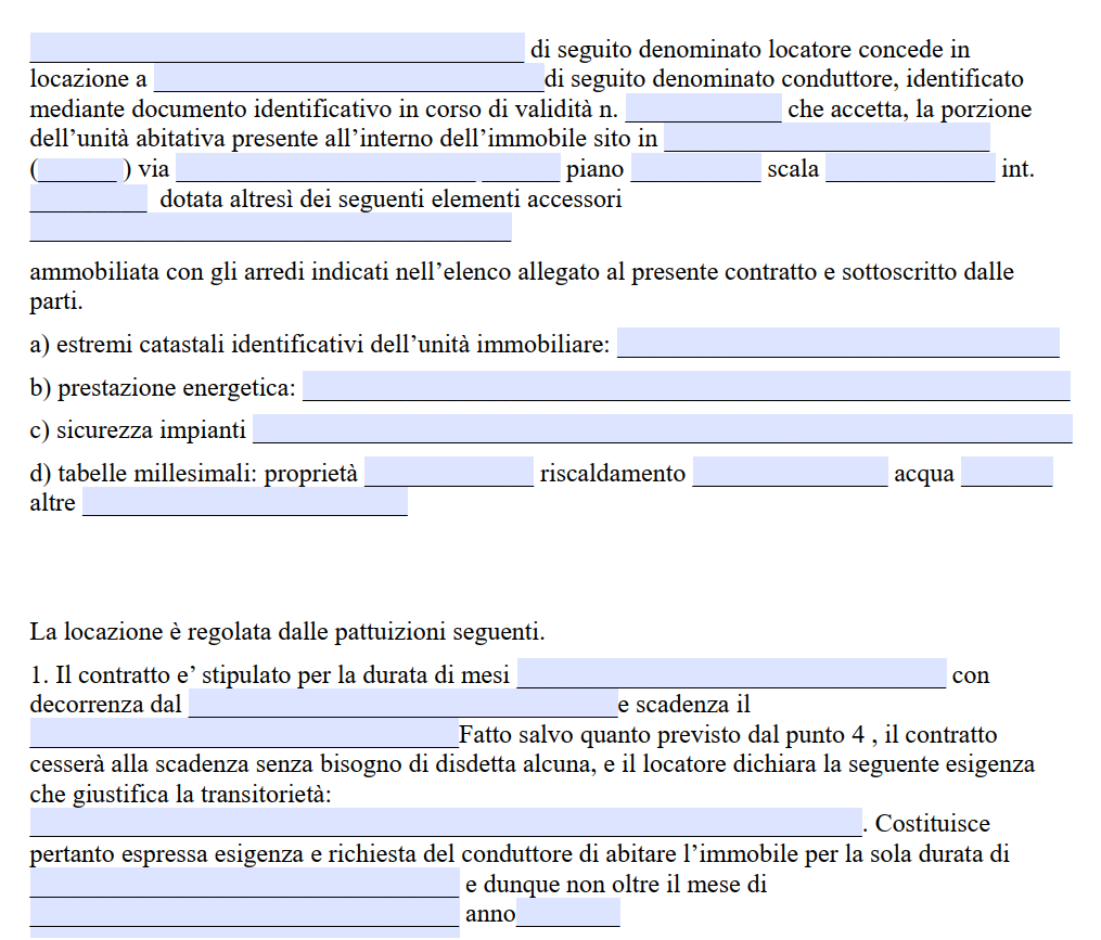 Modello Contratto di Locazione Parziale Prima Casa