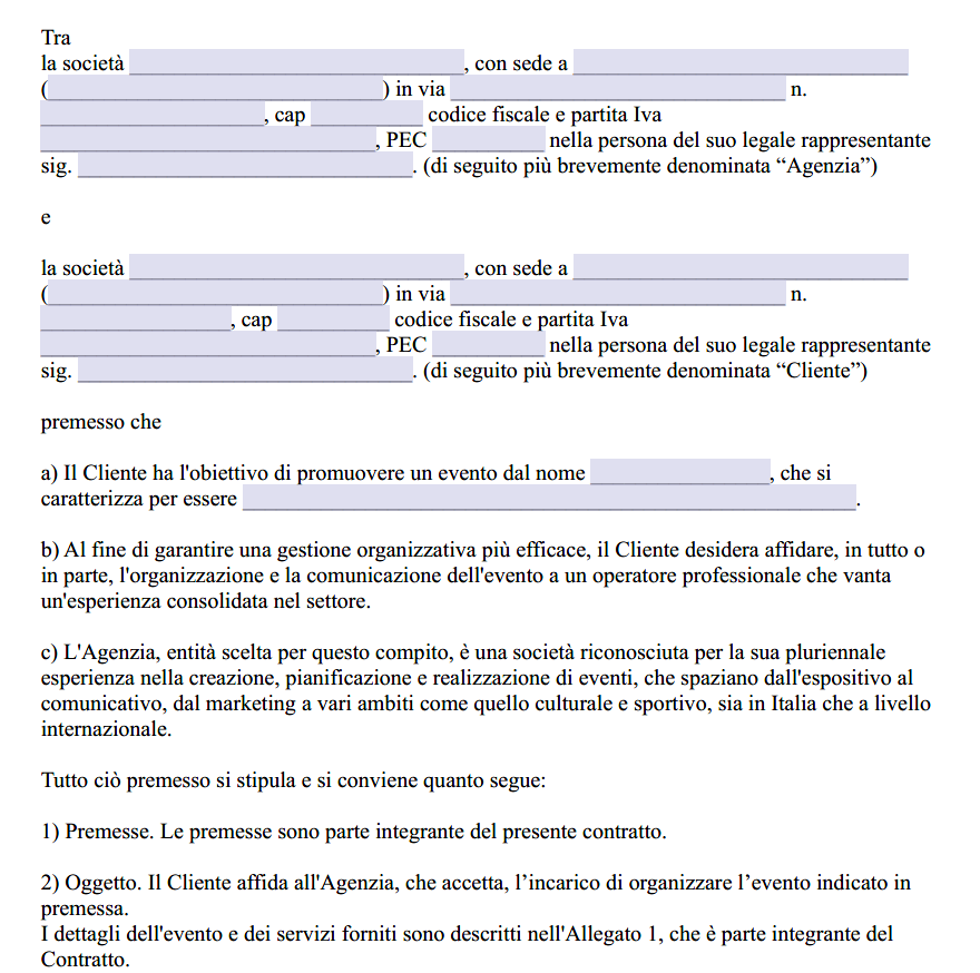 Contratto per Organizzazione Eventi