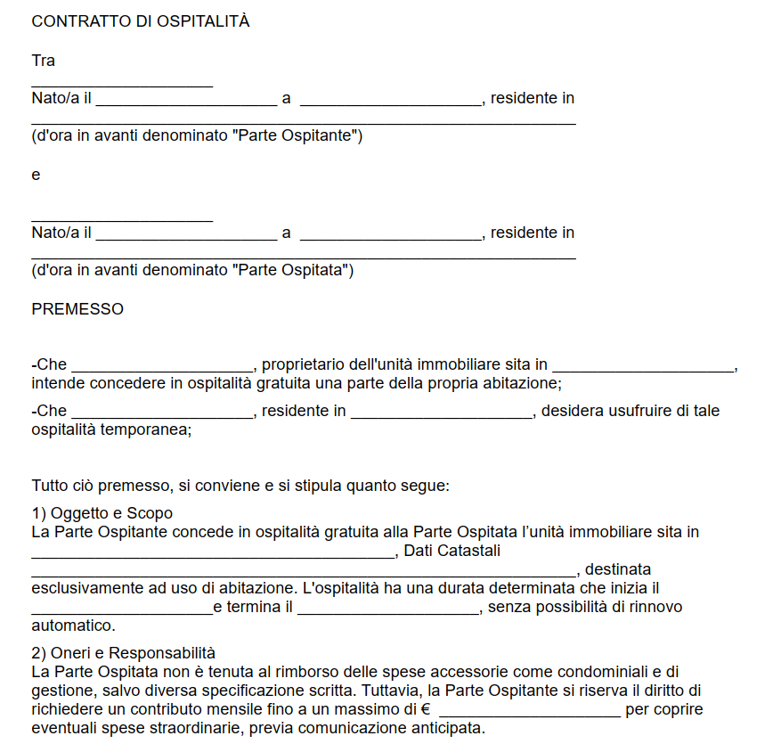 Fac simile contratto di ospitalità