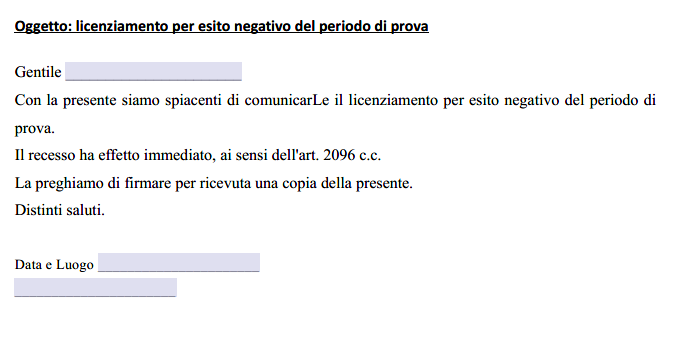 Lettera di Licenziamento per Mancato Superamento Periodo