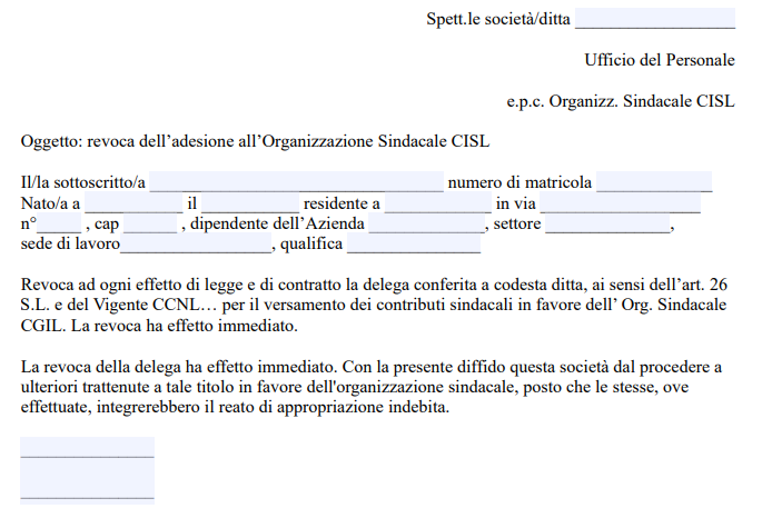 Modello Disdetta Sindacato CISL