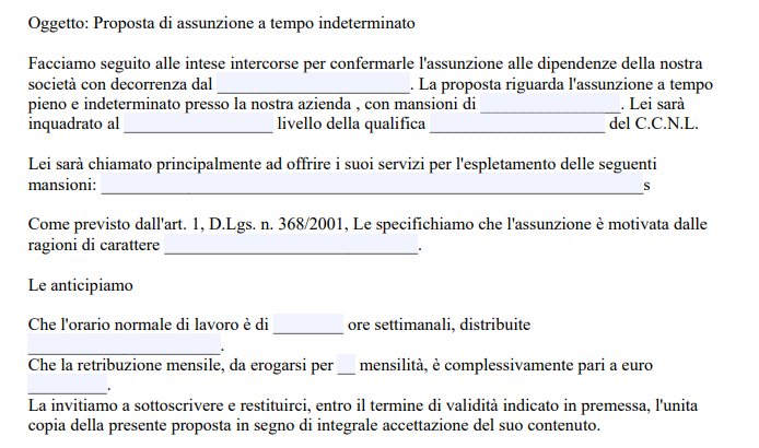 Lettera di Intenti per Assunzione