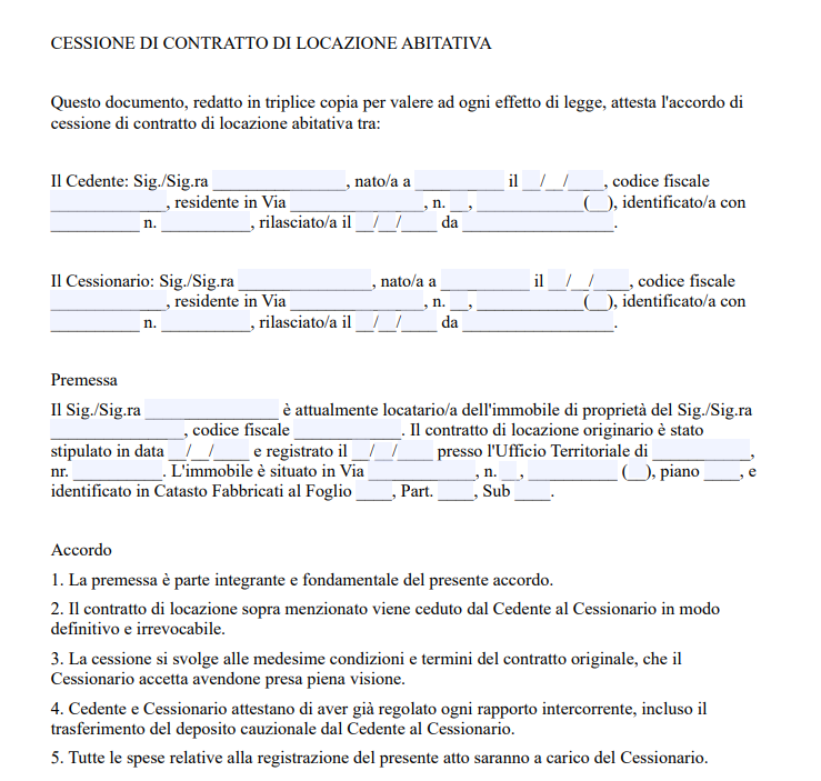 Scrittura Privata per Cessione Contratto di Locazione