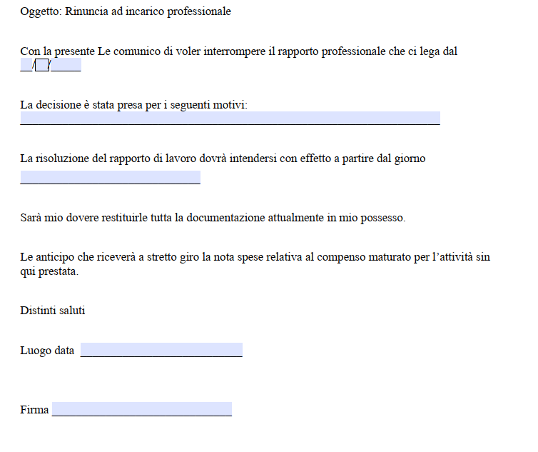 Lettera Rinuncia all'Incarico Professionale