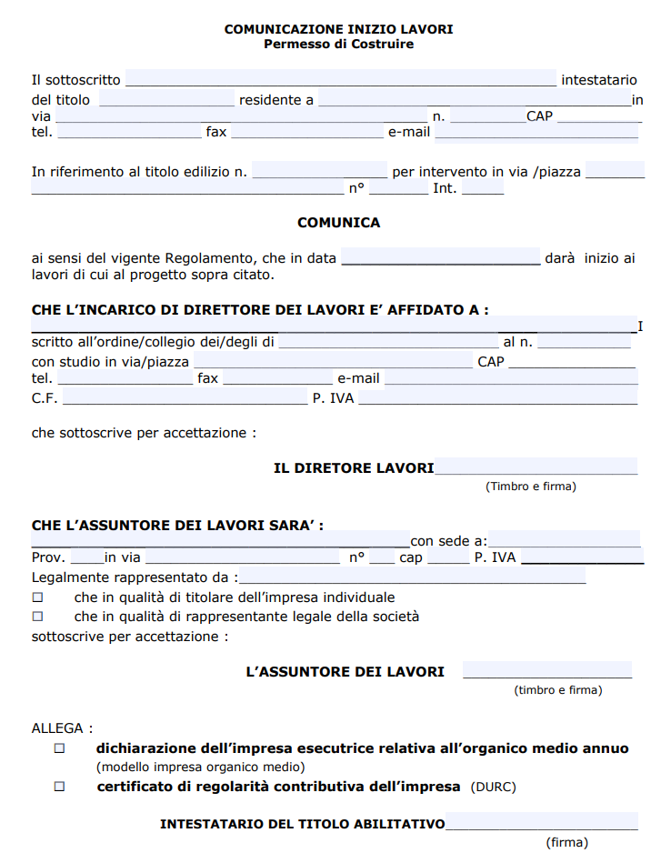 Fac Simile Comunicazione Inizio Lavori Permesso di Costruire