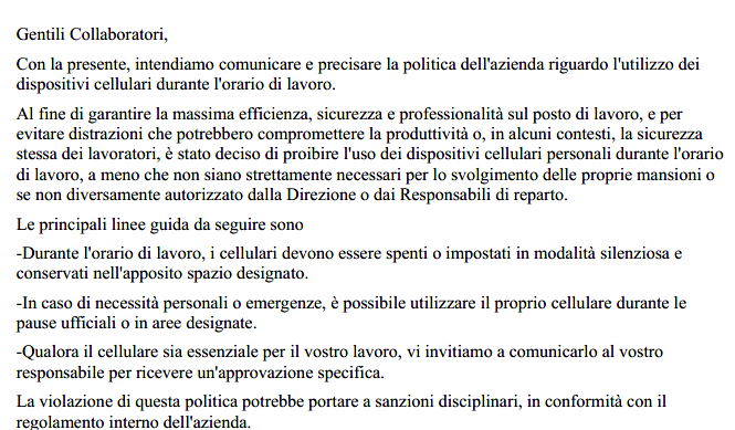 Fac Simile Lettera Divieto Uso Cellulare in Azienda