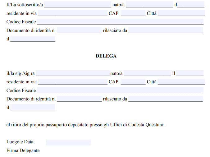 Modulo Delega per Ritiro Passaporto