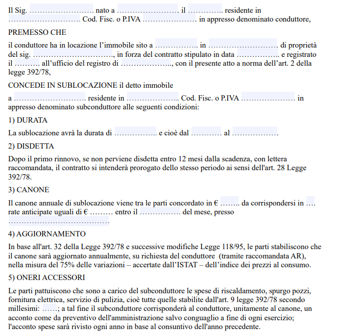 Contratto di Sublocazione Commerciale