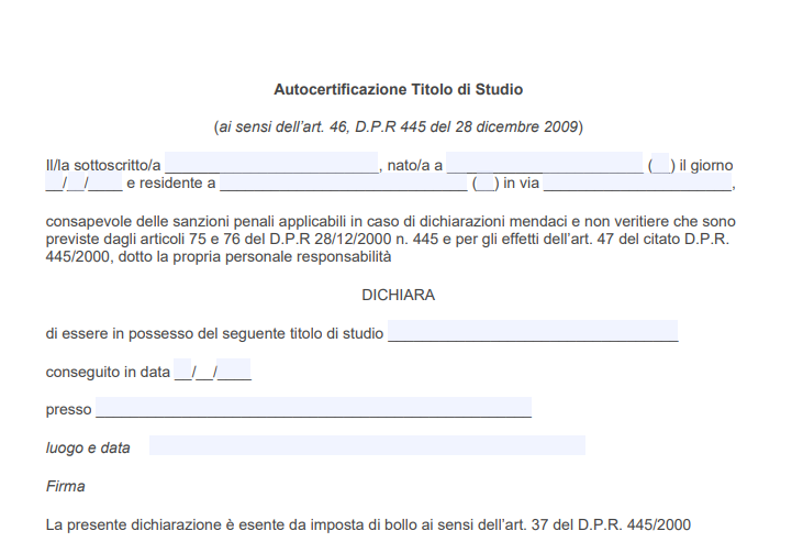 Autocertificazione Titolo di Studio