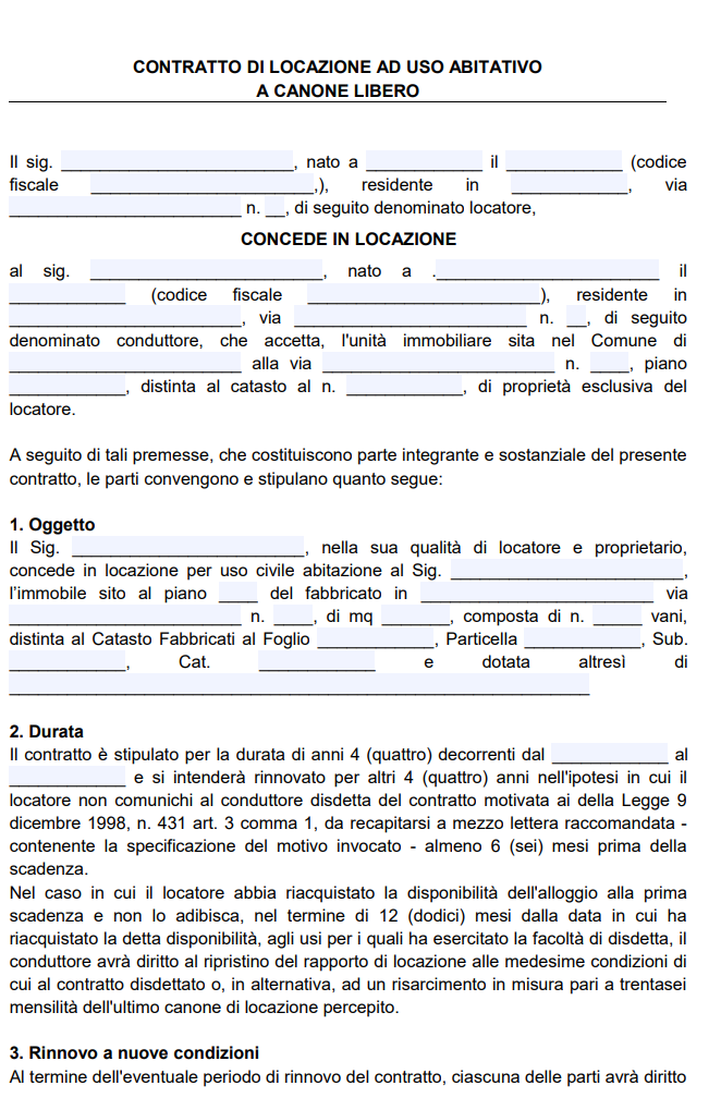 Fac Simile Contratto di Locazione con Cedolare Secca