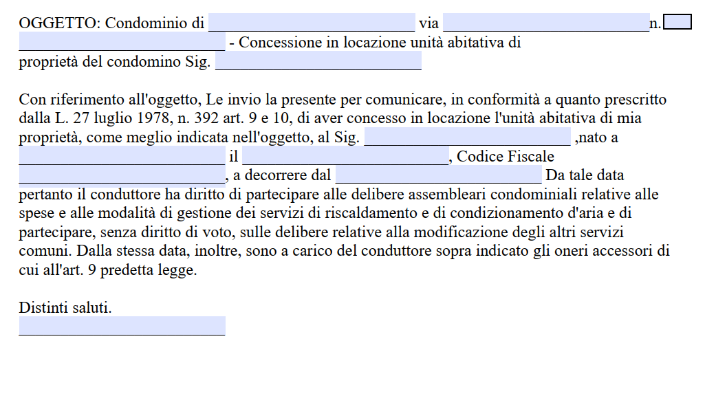 Comunicazione all'Amministratore di Nuovo Inquilino