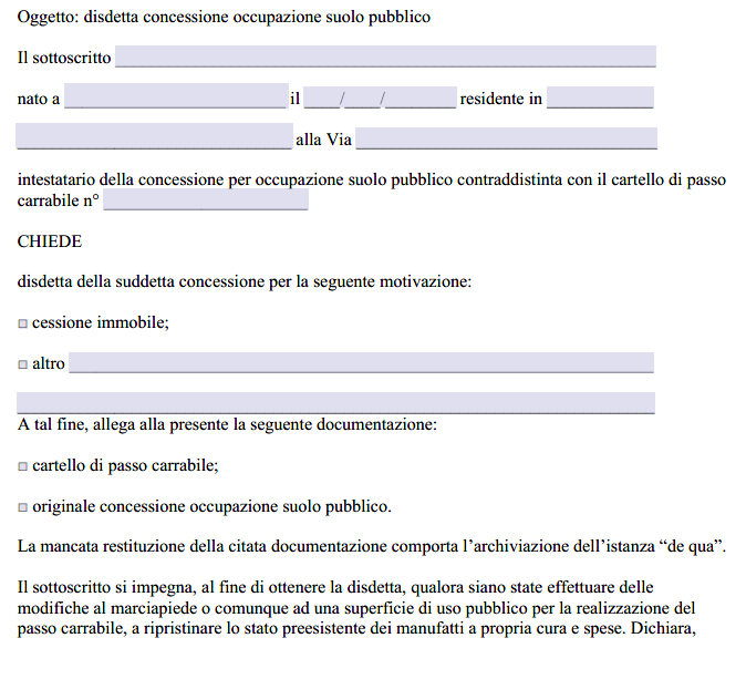 Modulo Disdetta Passo Carrabile