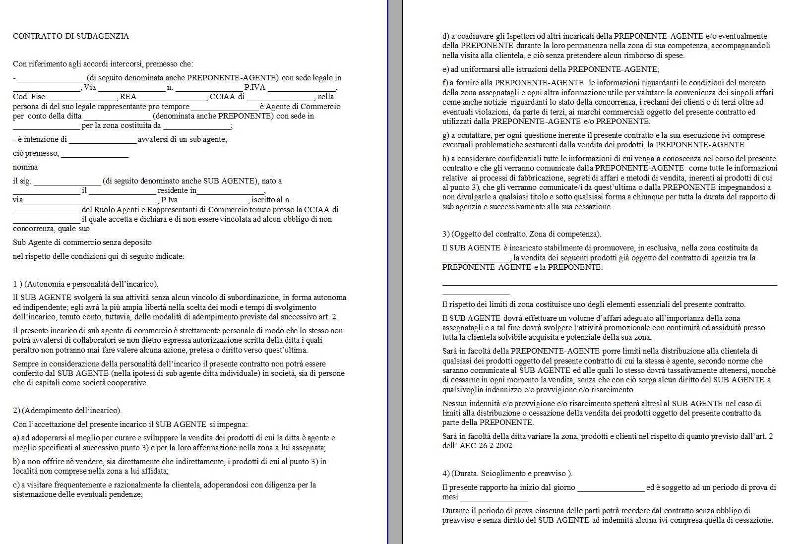 Fac Simile Contratto di Subagente