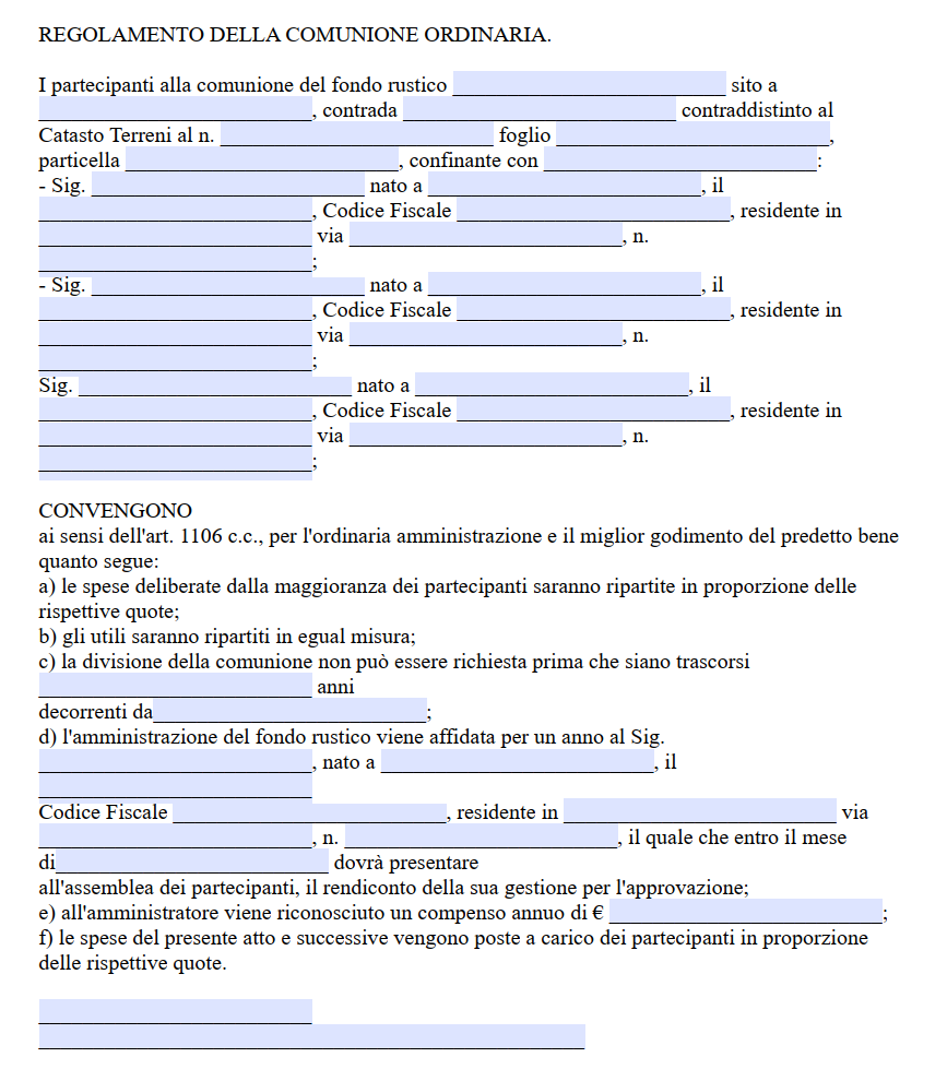 Fac Simile Regolamento di Comunione