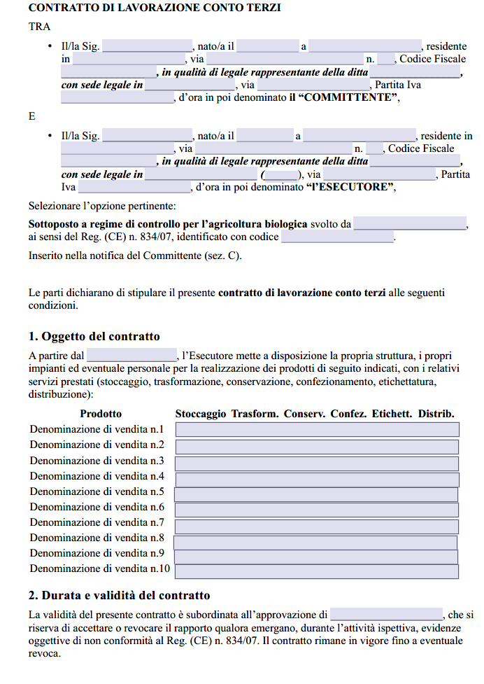 Fac simile contratto lavorazione conto terzi agricoltura