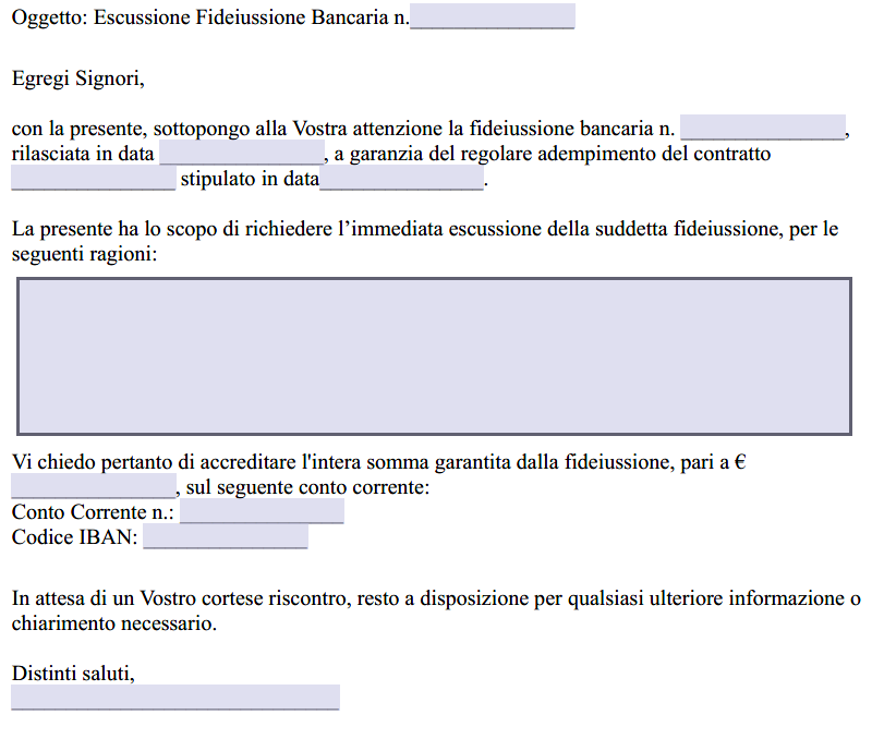 Fac Simile Richiesta di Escussione Fideiussione Bancaria