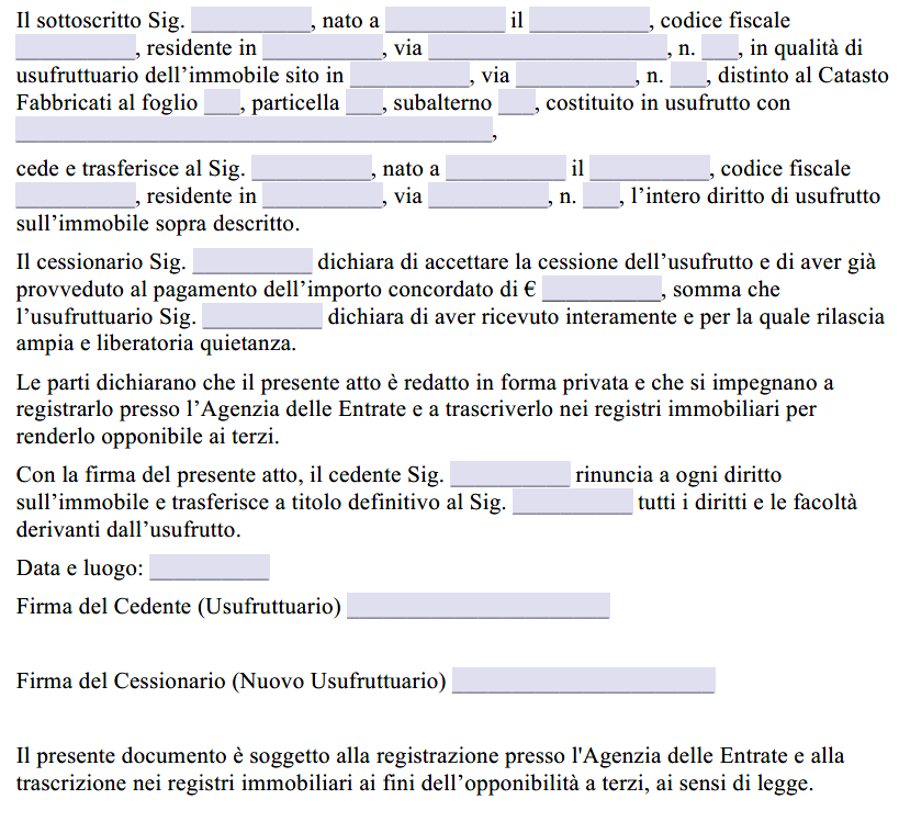 Scrittura Privata Cessione Usufrutto