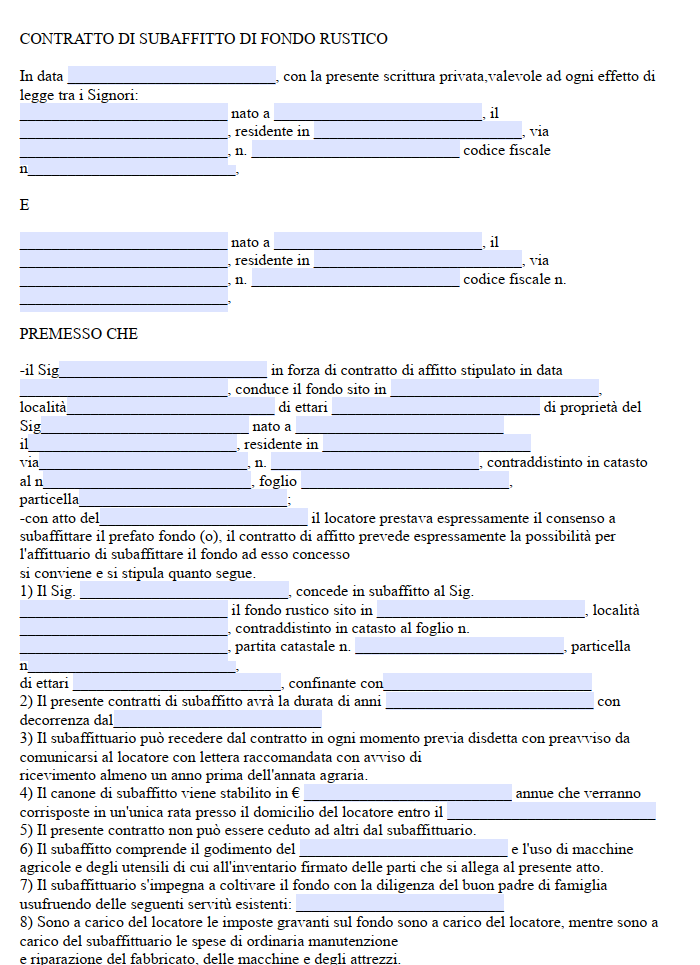Contratto di Subaffitto Terreno Agricolo