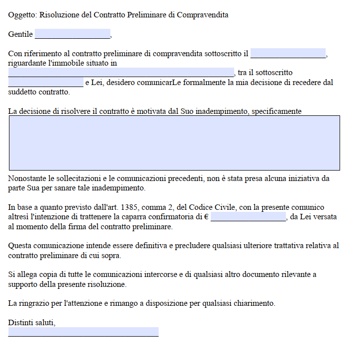 Risoluzione contratto preliminare di compravendita